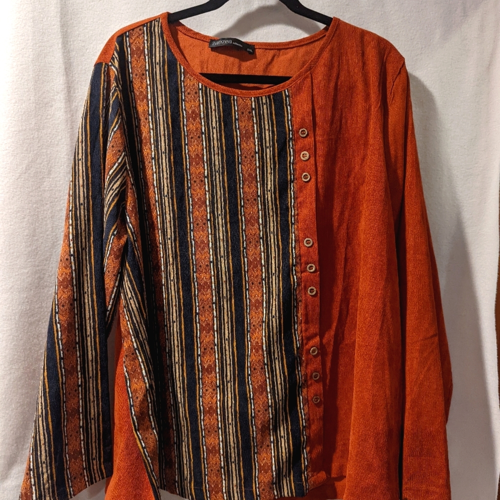 Zanzia orange and multi striped button down tunic in a ribbed polyester.
